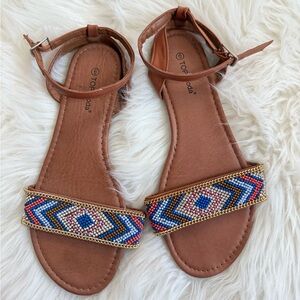 TOP Moda Tan Beaded Ankle-Strap Sandals with Multicolor Pattern